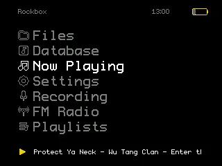 Main menu on black with the items Files, Database, Now Playing, Settings, Recording, FM Radio and Playlists, Now Playing highlighted, the time and battery at the top and the current song along the bottom