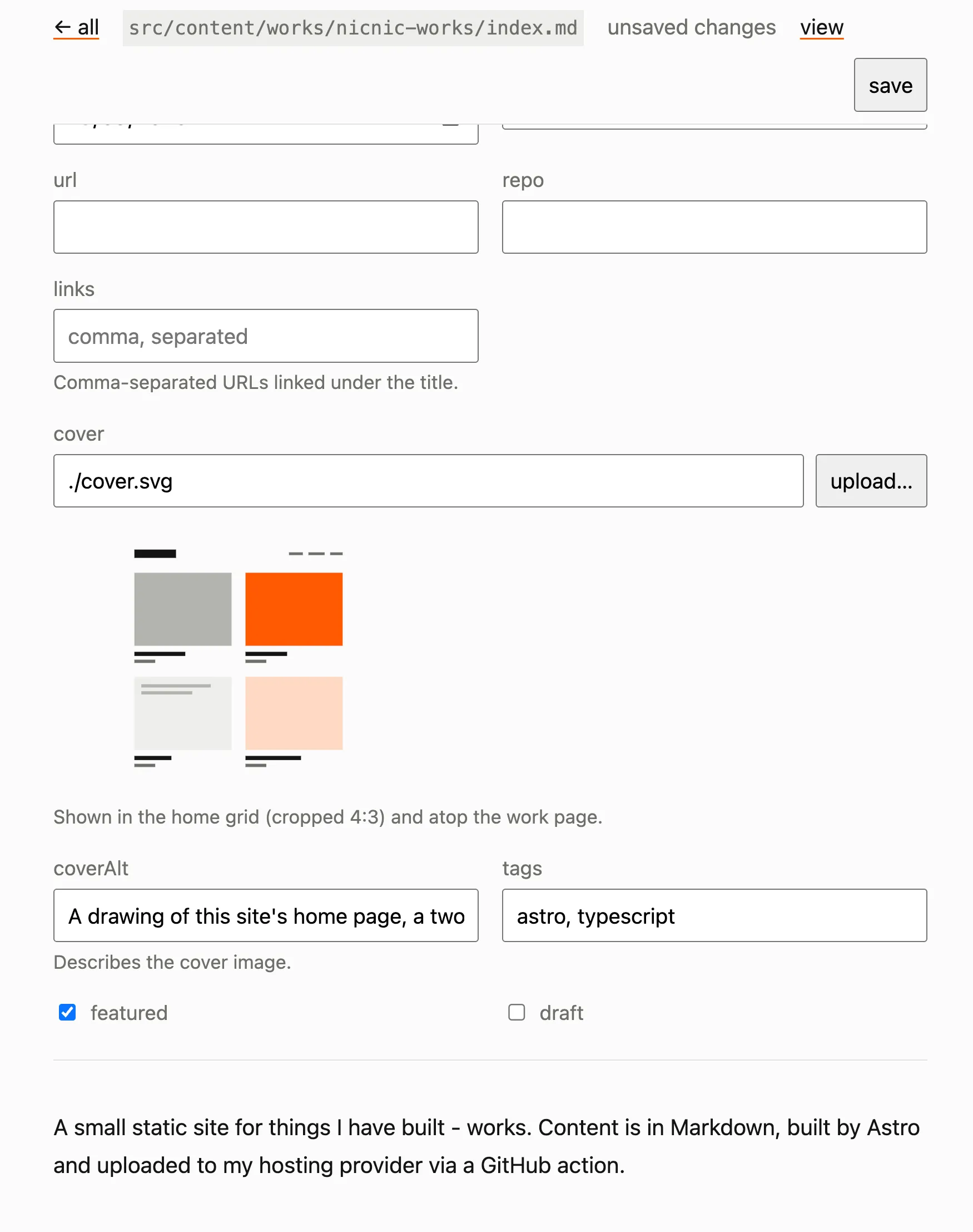 TODO(nicnic): the editor with this page open, the form on top and the text below